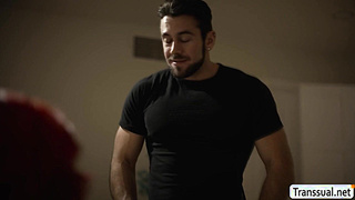 Busty TS Foxxy suck and ride stepsons dick