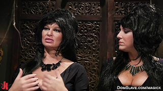 Busty dominatrix whips bound MILF lesbian