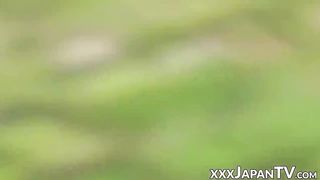 Asian sweetie plays with her slit and gets spunked on