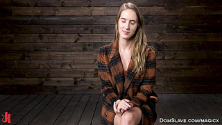 Master kneeling on bound blonde with all his weight