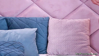 Busty blonde in lingerie masturbates on webcam