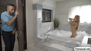 Perv dude bareback fucks friend Tgirl girlfriend