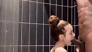 Petite Slut Sucks BBC in Shower