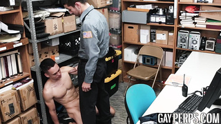 Twink bearded gay guard makes hunk suspect suck his cock