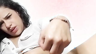 Her pussy lips are wet and she rides Dildo