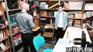 Skinny thief twink offers hunk cop a sloppy blowjob