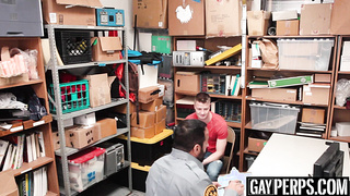 Bearded security officer pounding young thiefs tight ass