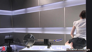 Eighteen years old brunette gets machine fucked