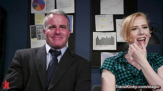 Blonde trans anal fucks bound boss in hairy ass