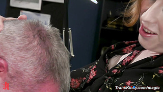 Blonde trans anal fucks bound boss in hairy ass