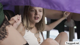 Sneaky teen Coco sucking ts cocks under the table