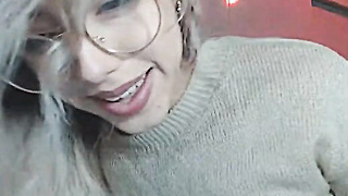 Petite Blonde with Glasses fingering her pussy