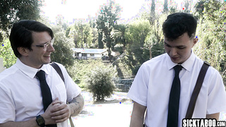 Big tits MILF fucks two religious guys