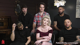 Cheating blonde fucked by five cocks in rope bondage