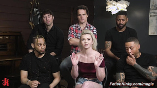 Cheating blonde fucked by five cocks in rope bondage