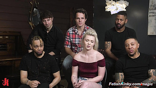 Cheating blonde fucked by five cocks in rope bondage