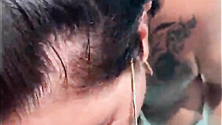 Tattooed british MILF pool blowjob