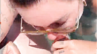 Tattooed british MILF pool blowjob