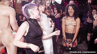 Huge tits slave fucked in bondage at swinger orgy party