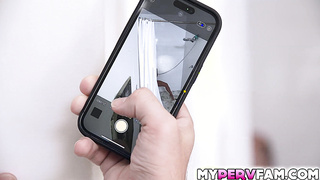 Stepmom lets stepson take a photo of her big tits