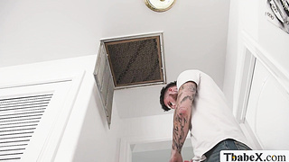 Lucky guy barebacks two horny shemale customers