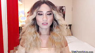 Blonde shemale jerks big cock on solo webcam show