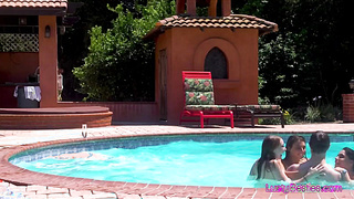 Three swimmer girlfriends sharing dick