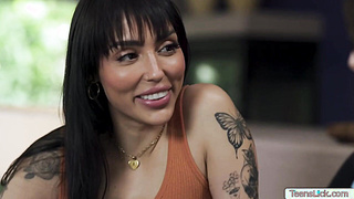 Chubby nerd gets pussy licked by brunette stepsis