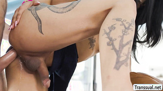 Slutty TS lets her neighbor fuck her tight ass