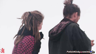 Busty slave bound and dragged to bar