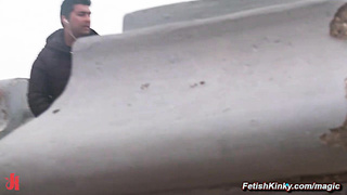 Busty slave bound and dragged to bar