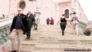 Busty slave bound and dragged to bar