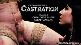 Sadistic dominatrix pegging bound man