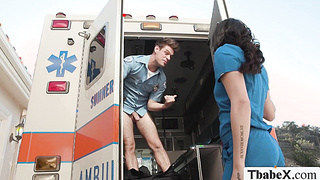 Ambulance driver bareback fucks shemale nurse
