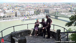 Blonde slave group fucked in public