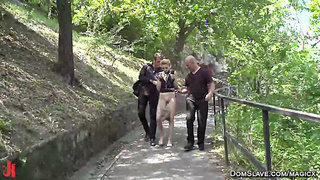 Blonde slave group fucked in public