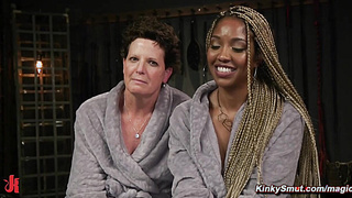 Ebony therapist anal fucks bound lesbian cougar