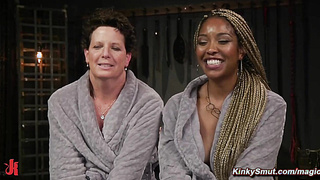 Ebony therapist anal fucks bound lesbian cougar