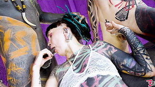 Tattooed Illuz in a rough anal threesome