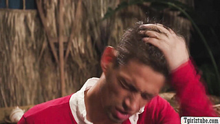 Lucky dude stranded in island and fuck two shemale