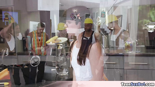 Extra small and cute teen first gangbang