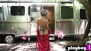 Perfect blonde teen posing in the camper