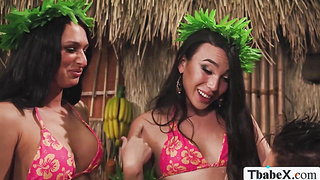 Cute guy stranded in island and fuck two shemale