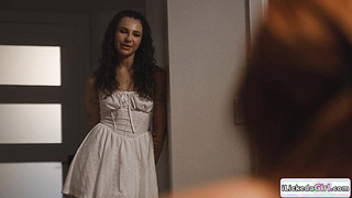 Brunette teen fucked by lesbian stepmoms using strap on