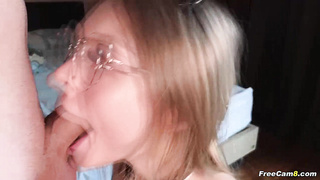 Nerdy Petite Babe Sucks Dick and Swallows Cum