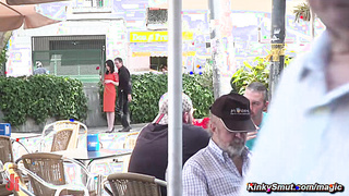 Slave on a leash gang banged in public