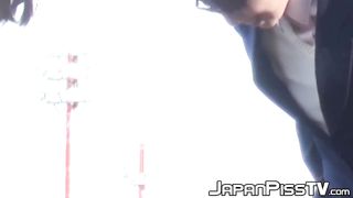 Asian dolls in college uniform piss on the bench outside