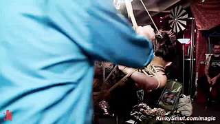 Slaves whipped and fucked at party