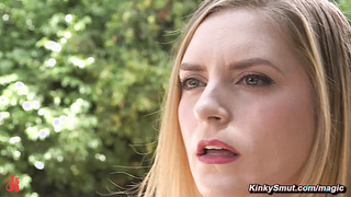 Bound blonde prepares for sex