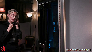 Ebony dominates blonde with her strapon cock